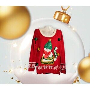 Women's CAT Sweater Holiday Applique Pom-Poms Gems Size M Red Cat Christmas New